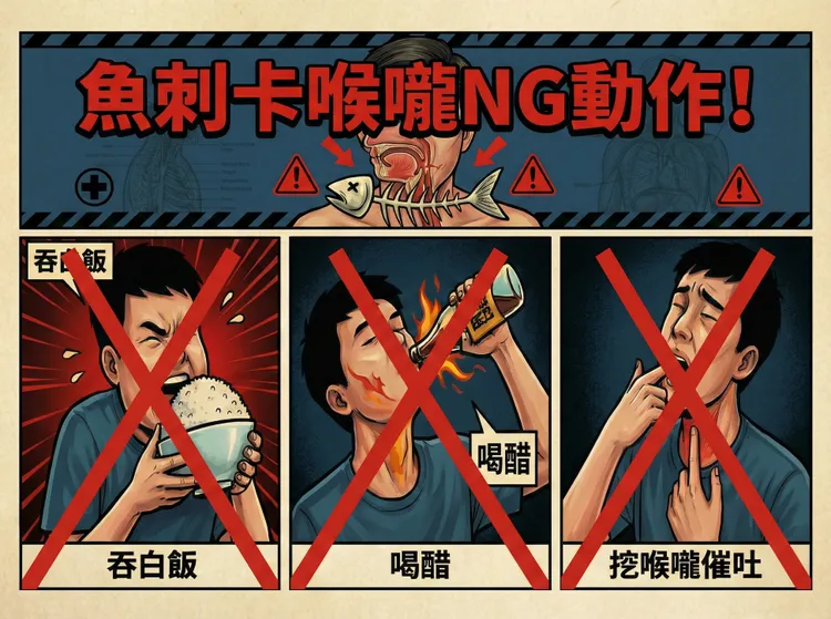 魚刺卡喉切記不要採用吞白飯、喝醋、挖喉嚨或催吐等偏方。台中慈濟醫院提供