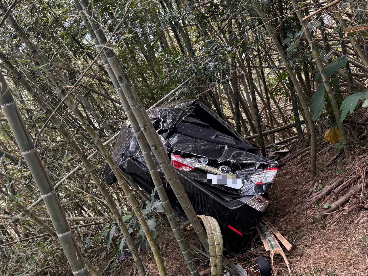 謝男開車飛越70公尺茶園、墜落50公尺深竹林，轎車幾乎成廢鐵。民眾提供