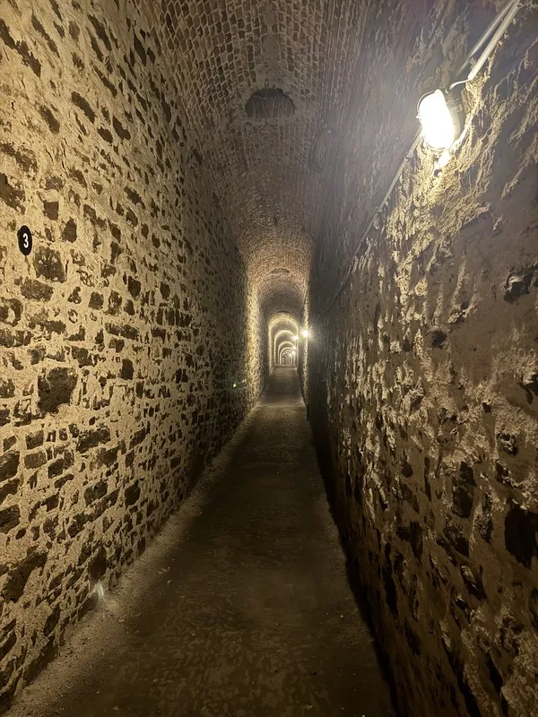 布拉格南側的高堡（Vyšehrad）隱藏著地下坑道，斑駁的牆面映照在微光下，起伏的路面引領前行。坑道寬度可讓兩名士兵並肩通行，高度則能使自然光適當照射地面中央社