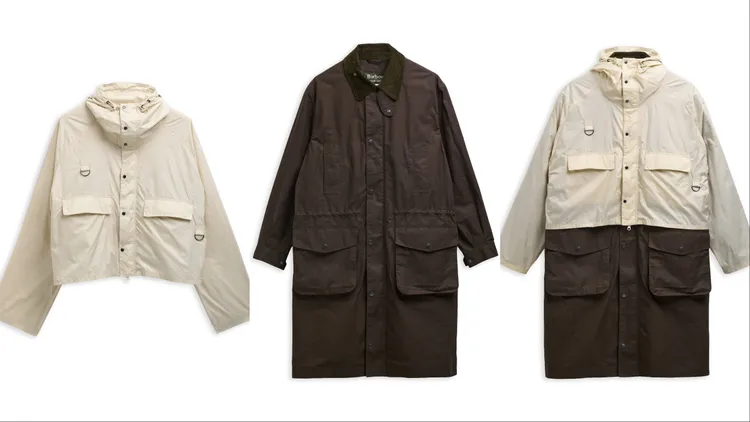 外層短版連帽外套（左起）搭配軍裝派克大衣組合成Endurance休閒外套。品牌提供