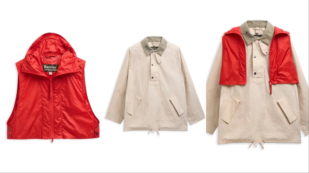 防風連帽背心（左起）搭配Sailing Jackets航海外套組合成Transport罩衫休閒外套。品牌提供