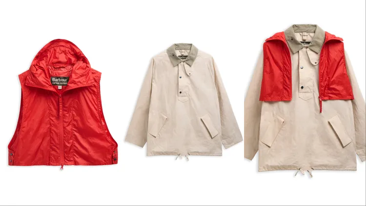 防風連帽背心（左起）搭配Sailing Jackets航海外套組合成Transport罩衫休閒外套。品牌提供