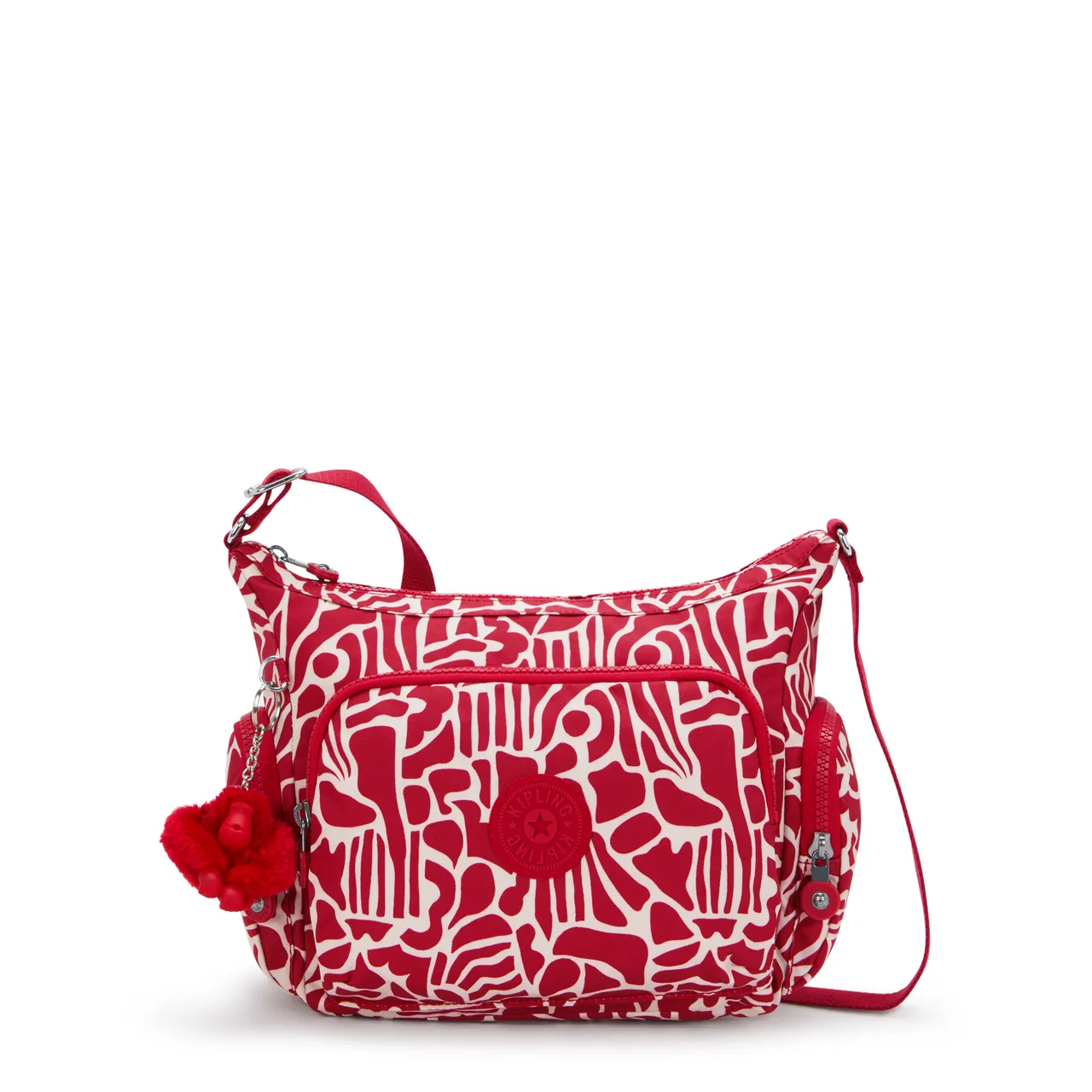 Kipling紅白印花輕巧多袋實用側背包，3680元。品牌提供