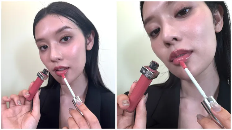 Model示範PRADA率性持光凍唇釉#P258。張家玲攝