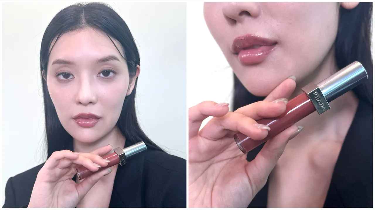 Model示範PRADA率性持光凍唇釉#P201。張家玲攝