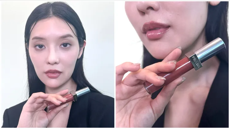 Model示範PRADA率性持光凍唇釉#P201。張家玲攝