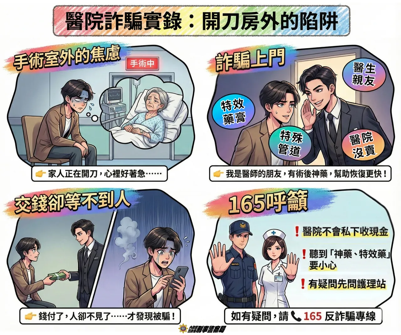 刑事局提醒，醫護人員不會透過私人管道向家屬收費，醫院內所有合法藥品與醫療耗材，皆會由批價櫃檯開立正式單據，或請家屬持處方箋至藥局領取，絕不可能由個人私下收取現金。警方提供