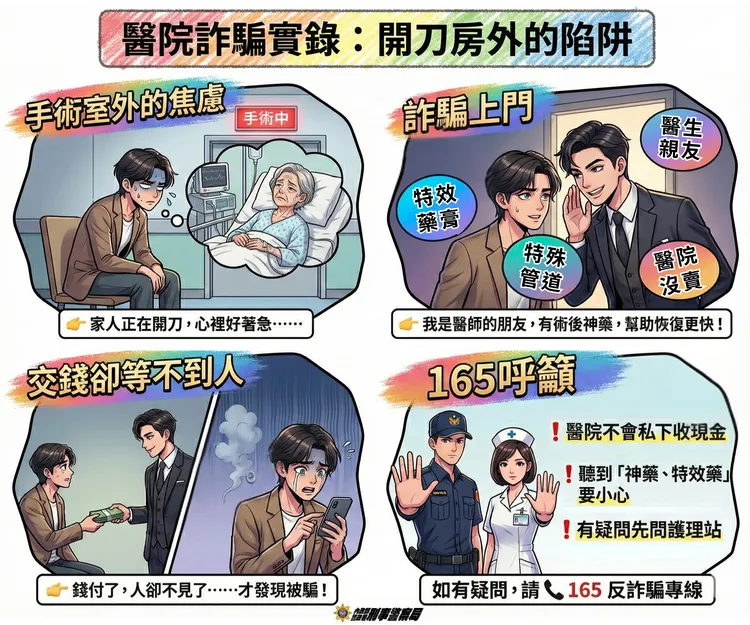 刑事局提醒，醫護人員不會透過私人管道向家屬收費，醫院內所有合法藥品與醫療耗材，皆會由批價櫃檯開立正式單據，或請家屬持處方箋至藥局領取，絕不可能由個人私下收取現金。警方提供