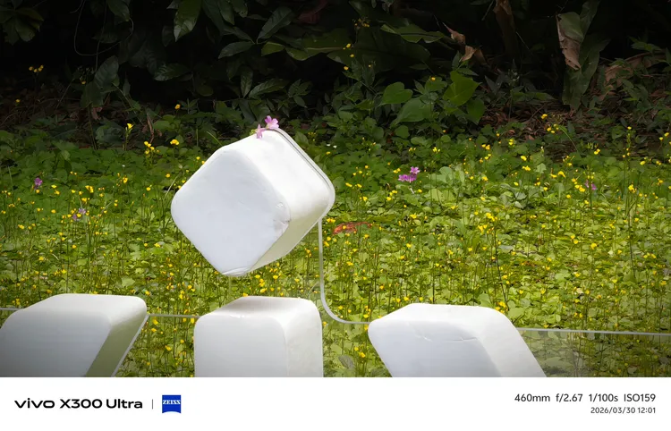vivo X300 Ultra搭載蔡司長焦鏡頭與高解析感光元件，即使在約460mm遠距拍攝下，仍能清晰捕捉花叢中的裝置細節，展現強大的長焦影像實力。趙筱文攝