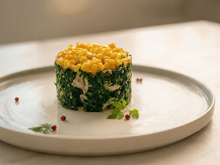「珍珠薺菜拌口蘑」，以當令薺菜搭配口蘑與玉米，呈現春季清爽前菜風味。台南遠東香格里拉提供
