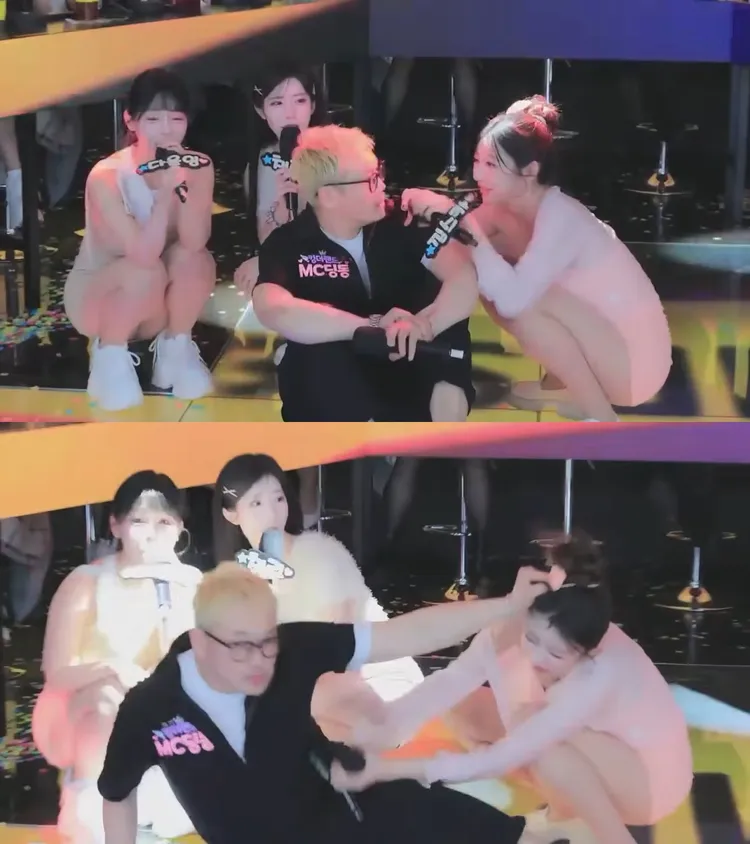 MC Dingdong聽到A重提他2年前酒駕事件變臉，下一秒抓她頭髮施暴。翻攝YouTube