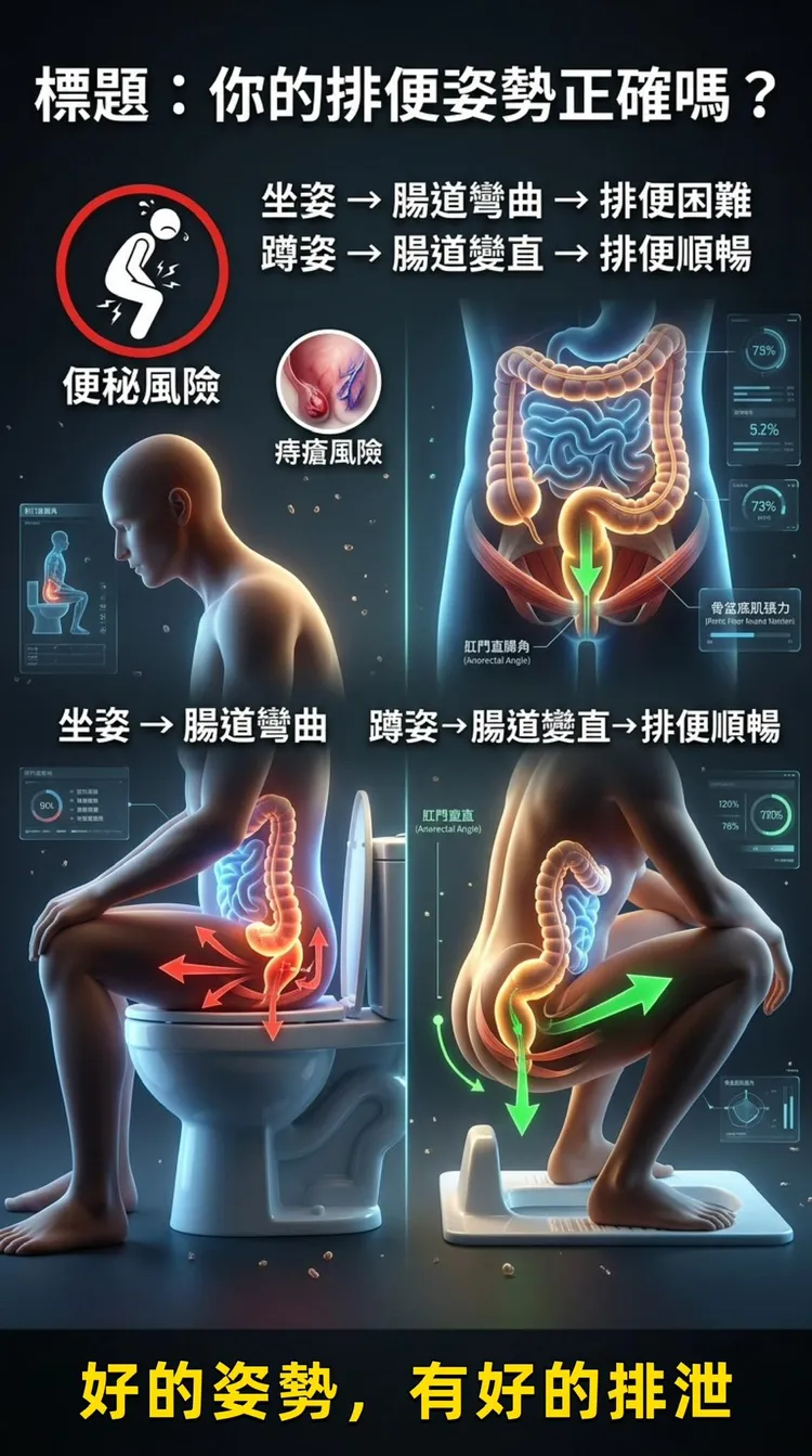 相較之下，採取「蹲姿」排便時，直腸角度會自然變直，肛門括約肌也能較為放鬆，有助於糞便順利排出。翻攝《黃軒醫師 Dr. Ooi Hean》粉專
