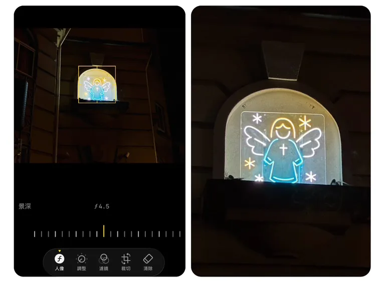 iPhone 17e在夜晚環境開啟2倍光學品質變焦拍攝時，仍能保留不錯的亮度與細節，燈飾的線條與色彩表現清晰，整體畫面雜訊控制也相當穩定。趙筱文攝