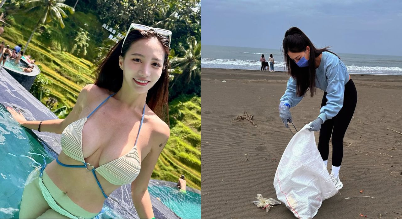馬尾妹包緊緊淨灘撿垃圾 竟是「真人版蛇姬」