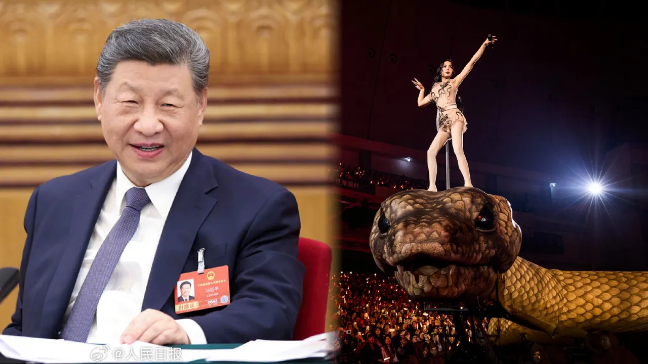 網路傳出一種說法，因習近平（左）屬蛇，所以蔡依林不能踩在蛇頭上。翻攝人民日報微博、
蔡依林Pleasure巡迴演唱會微博