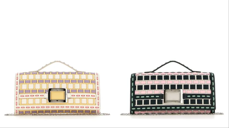 ROGER VIVIER Belle Vivier牛皮編織手拿包（左）8萬7600元、Belle Vivier 煙灰白.綠.粉銀扣手拿包（右）7萬5600元。品牌提供
