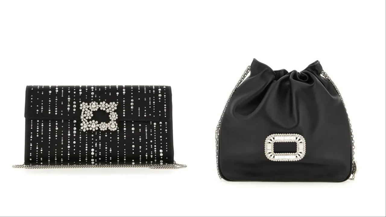ROGER VIVIER 黑色光面緞瀑布水晶花鑽手拿包（左）9萬2200元、Pilgrim 黑色小羊皮鑽扣HOBO女包（右）6萬4000元。品牌提供