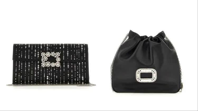 ROGER VIVIER 黑色光面緞瀑布水晶花鑽手拿包（左）9萬2200元、Pilgrim 黑色小羊皮鑽扣HOBO女包（右）6萬4000元。品牌提供