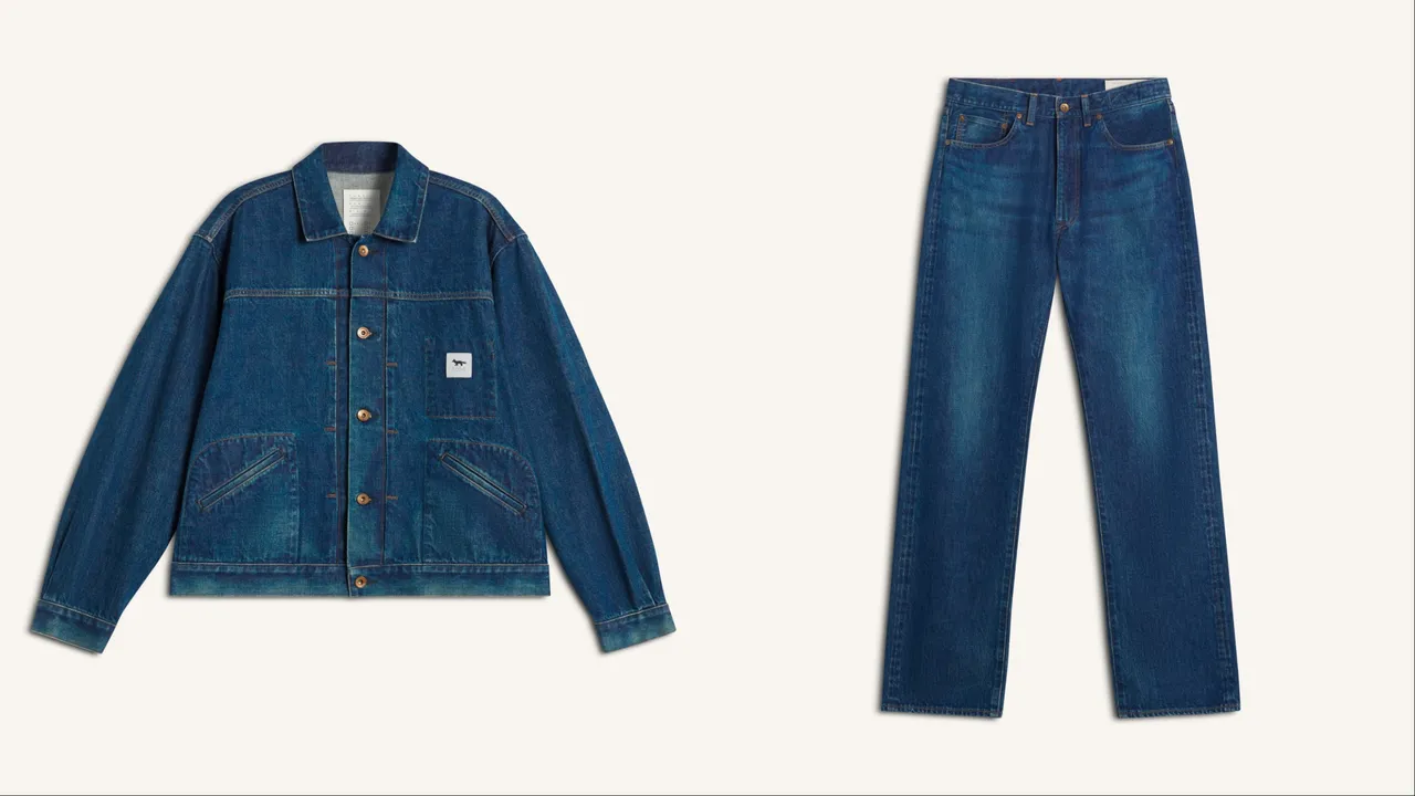 Maison Kitsuné X KURO日曬靛藍領航者赤耳丹寧外套（左）1萬9800元、日曬靛藍領航者赤耳丹寧褲（右）1萬4500元。品牌提供