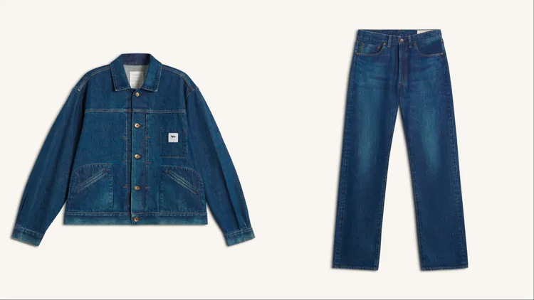 Maison Kitsuné X KURO日曬靛藍領航者赤耳丹寧外套（左）1萬9800元、日曬靛藍領航者赤耳丹寧褲（右）1萬4500元。品牌提供