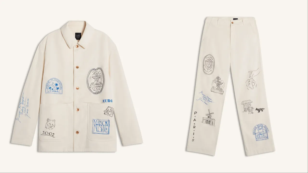 Maison Kitsuné X KURO羊皮紙白旅遊札記工裝外套（左）3萬1500元、羊皮紙白旅遊札記長褲（右）2萬6600元。品牌提供