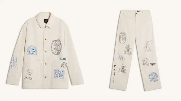 Maison Kitsuné X KURO羊皮紙白旅遊札記工裝外套（左）3萬1500元、羊皮紙白旅遊札記長褲（右）2萬6600元。品牌提供
