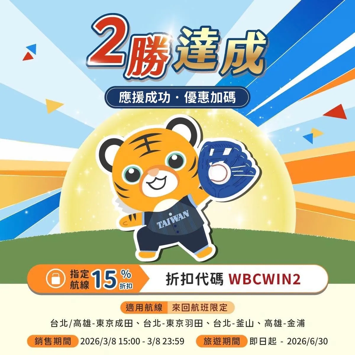 虎航慶祝中華隊擊敗韓國推出優惠。翻攝自台灣虎航臉書