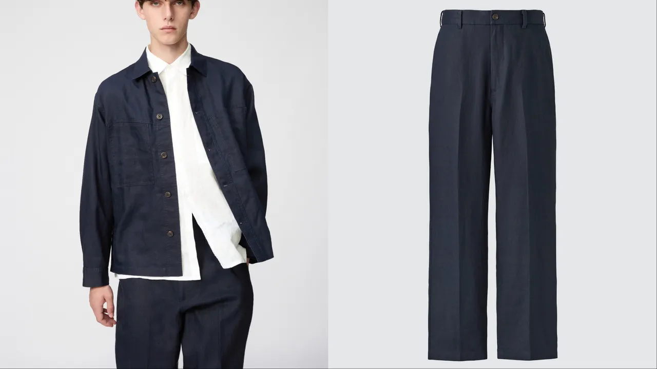 UNIQLO : C特級亞麻襯衫式外套（左）2490元、特級亞麻寬褲（右）1490元。品牌提供