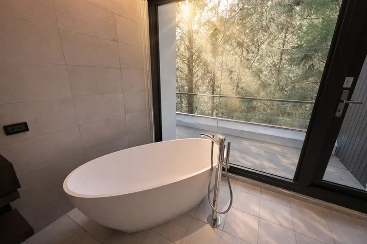 每間客房皆設有獨立式浴缸，泡湯之際即可將森林生態盡收眼底，晨曦時分迎向雲霧流動，黃昏則靜賞夕陽灑落山巒。阿里山賓館提供