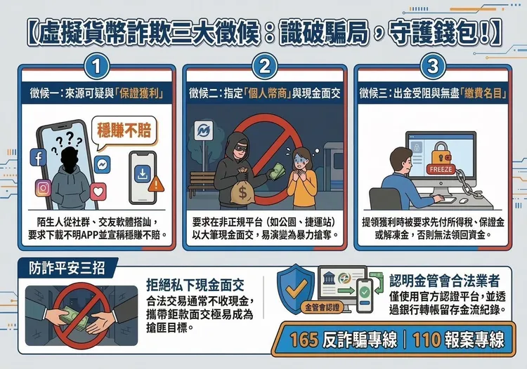 虛擬貨幣詐欺三大徵候。翻攝畫面