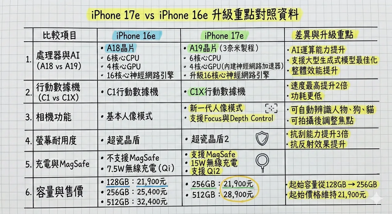 iPhone 17e對比iPhone 16e升級重點，包括A19晶片與AI運算強化、C1X行動數據機提速、新一代人像模式、超瓷晶盾2耐用度提升、MagSafe回歸與無線充電升級，以及起始容量從128GB翻倍至256GB但價格維持21,900元不變。AI製表