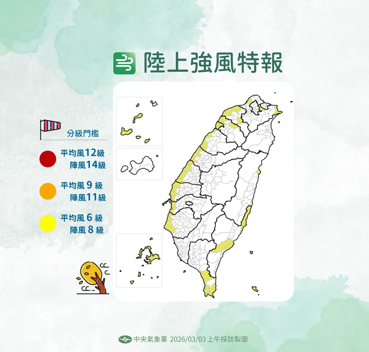 強風警報。氣象署提供