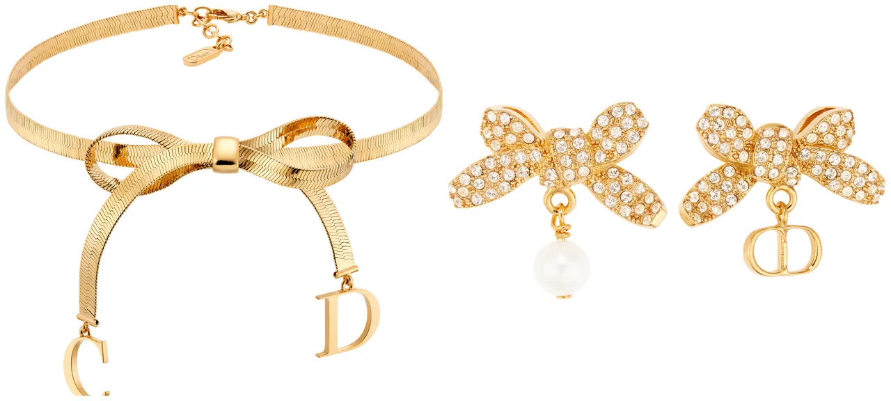 Dior CD Ribbon蝴蝶結造型頸鍊（左）2萬9500元、Dior Delicate Bow蝴蝶結造型水晶耳環（右）2萬2500元。品牌提供