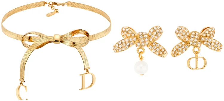 Dior CD Ribbon蝴蝶結造型頸鍊（左）2萬9500元、Dior Delicate Bow蝴蝶結造型水晶耳環（右）2萬2500元。品牌提供