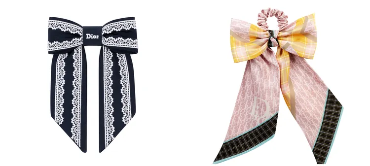 Dior Twist藍色羅緞蕾絲刺繡蝴蝶結髮飾（左）2萬6500元、Diorette多彩Dior Oblique拼接格紋絲綢髮飾（右）2萬1000元。品牌提供
