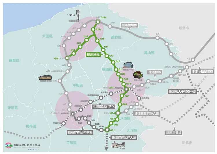 桃園捷運綠線路線圖。桃園捷運工程局官網