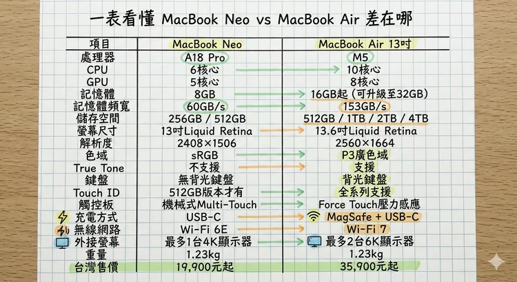 MacBook Neo與MacBook Air13吋規格一次看懂，Neo主打入門Mac市場，Air則在效能、螢幕與擴充能力上更完整。AI製表
