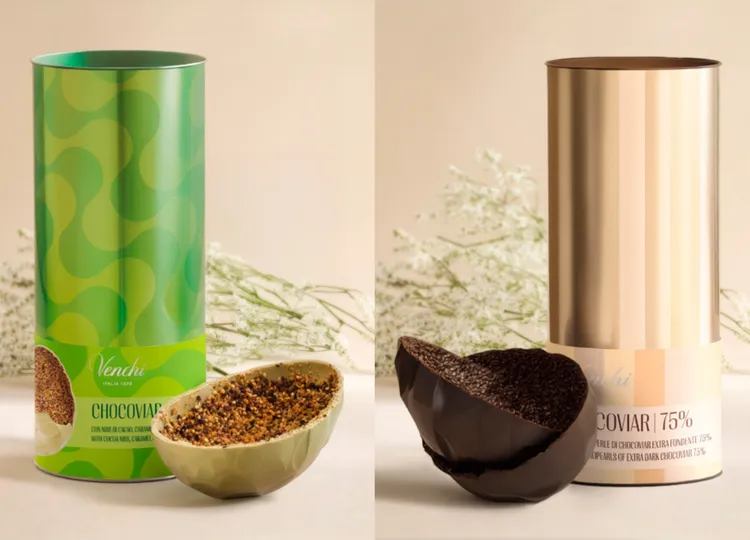 Venchi 2026年復活節系列金屬罐裝開心果可可蛋（左）、75% Chocoviar可可蛋（右），各1980元。品牌提供
