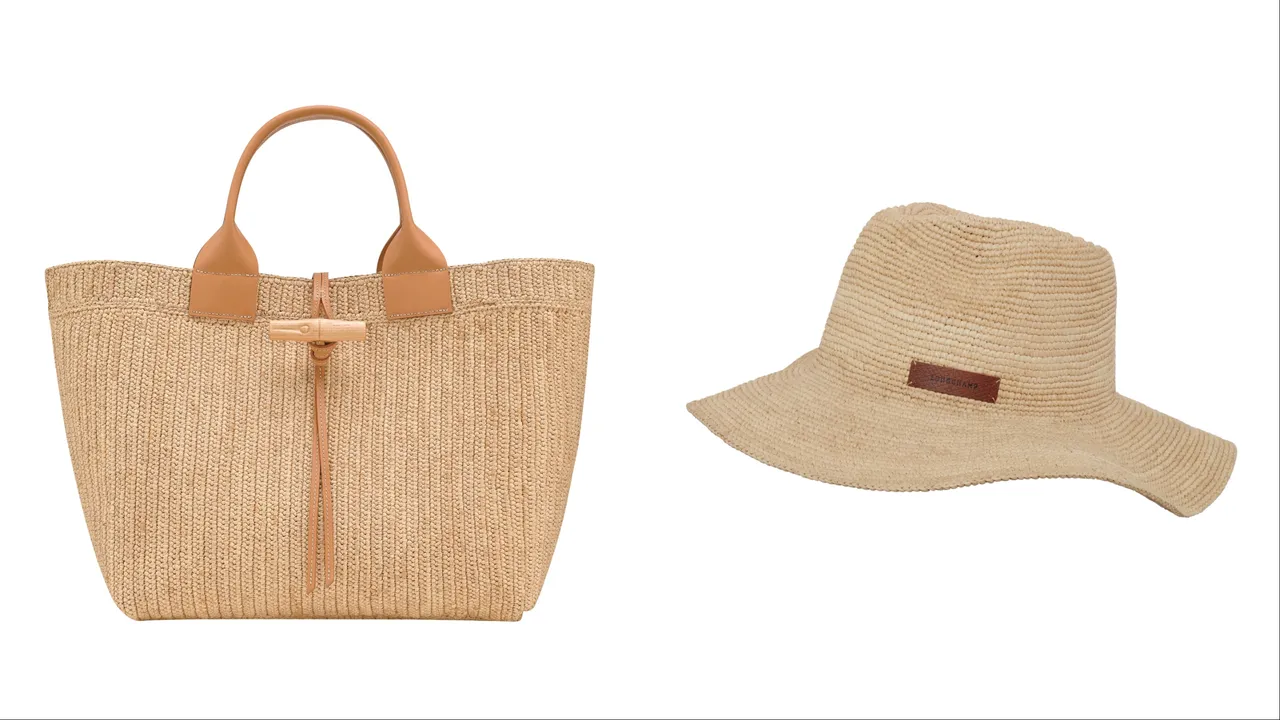 Longchamp Le Roseau Raffia系列手提包（左）2萬6900元、原色草帽（右）5400元。品牌提供