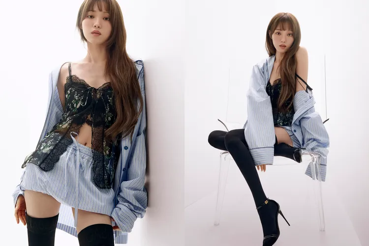 李聖經以刺繡透膚睡衣搭配條紋短褲，畫面超撩人。品牌提供