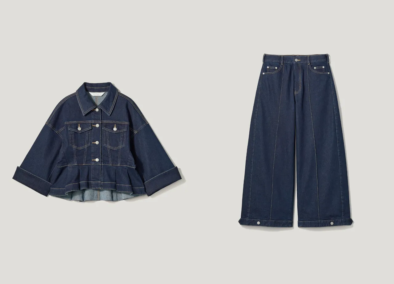 GU X Rokh聯名系列女裝裙擺短版外套（左）1790元、女裝氣球褲（右）1290元。品牌提供