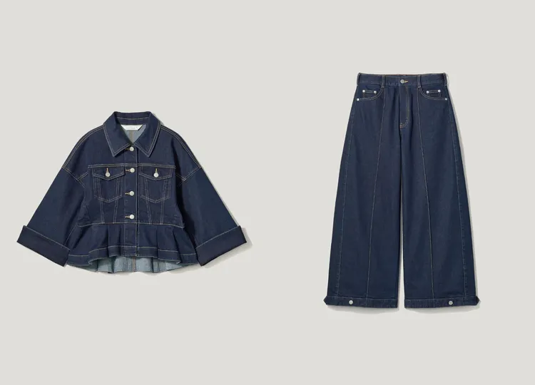 GU X Rokh聯名系列女裝裙擺短版外套（左）1790元、女裝氣球褲（右）1290元。品牌提供