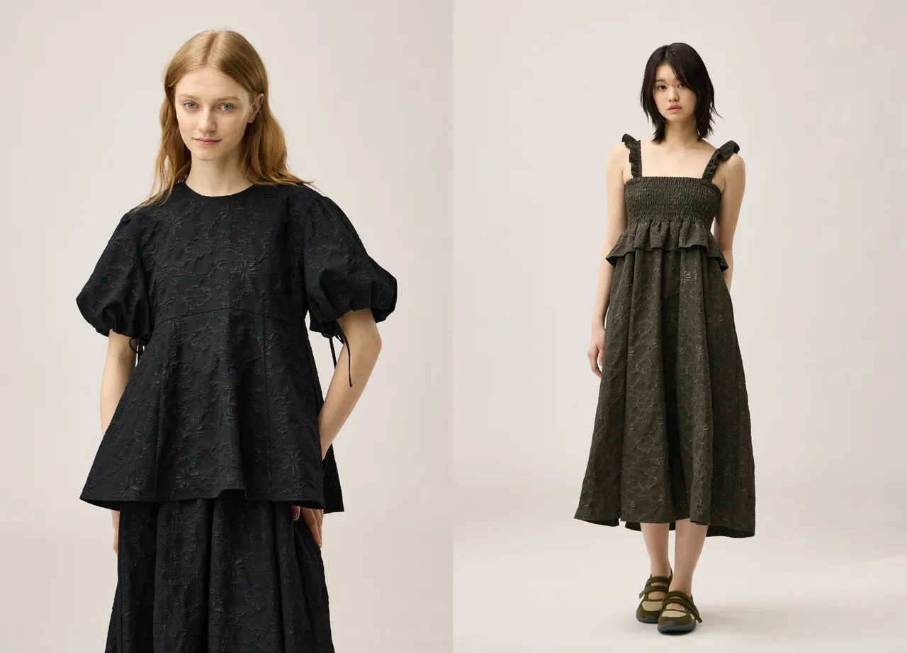GU X Rokh聯名以立體花卉緹花布料打造出氣球上衣（左）990元、摺飾設計連身裙（右）1290元。品牌提供