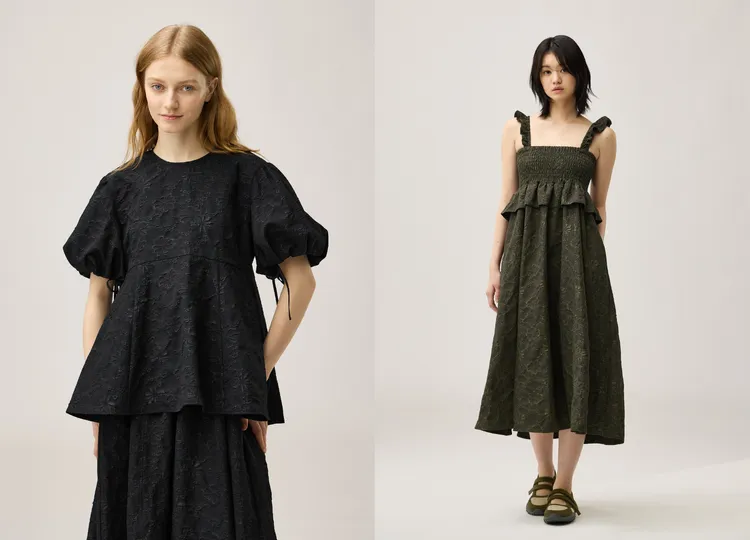 GU X Rokh聯名以立體花卉緹花布料打造出氣球上衣（左）990元、摺飾設計連身裙（右）1290元。品牌提供