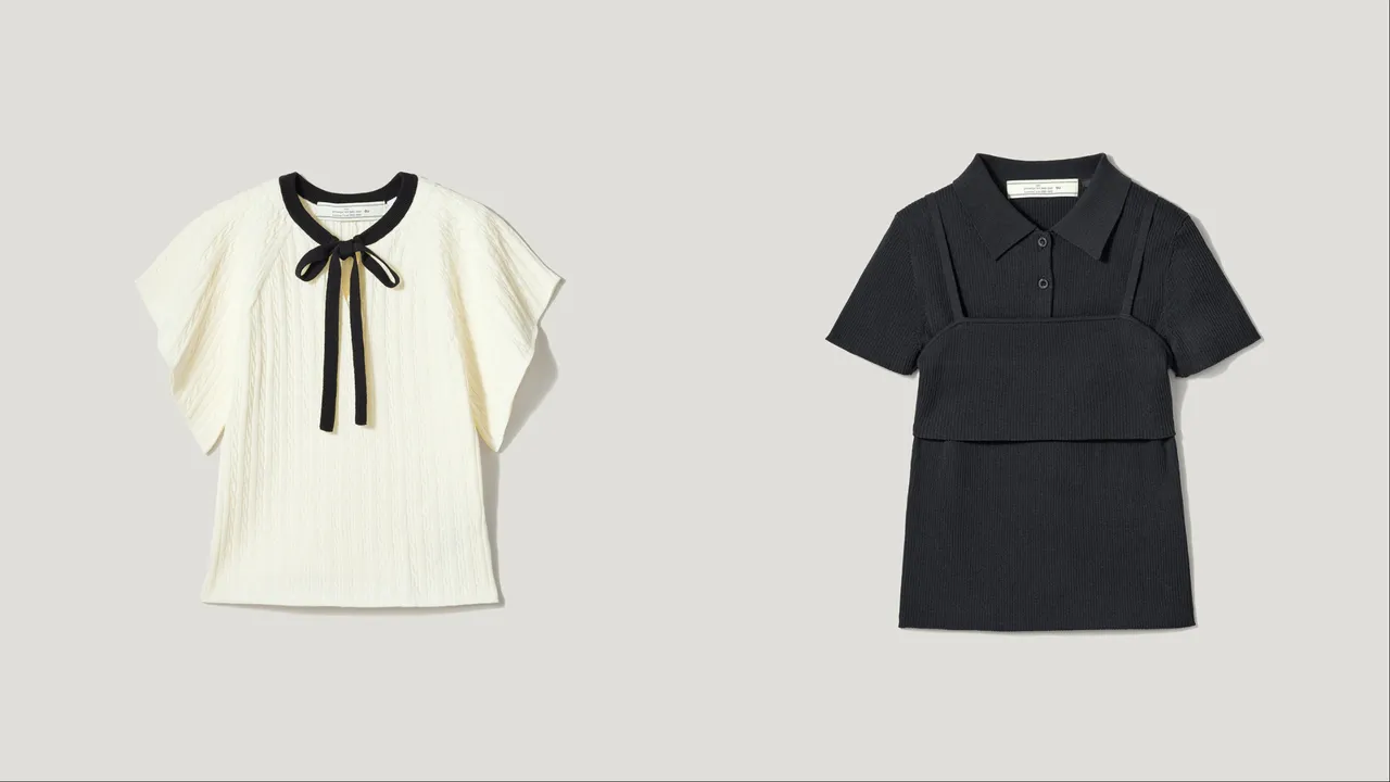 GU X Rokh聯名系列女裝麻花針織蝴蝶結休閒上衣（左）790元、兩件式羅紋針織polo衫（右）990元。品牌提供