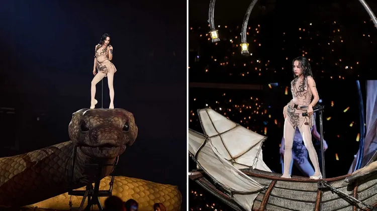 蔡依林中國演唱會的大蟒蛇道具換成了海盜船。左圖資料照片，右圖翻攝追星文盲段黄派微博