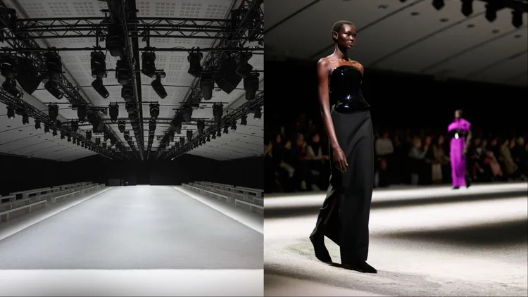 秀場地面鋪設1層銀沙，隨著模特兒行走留下足跡，隱喻著材料在有意識的擾動下產生質變。品牌提供