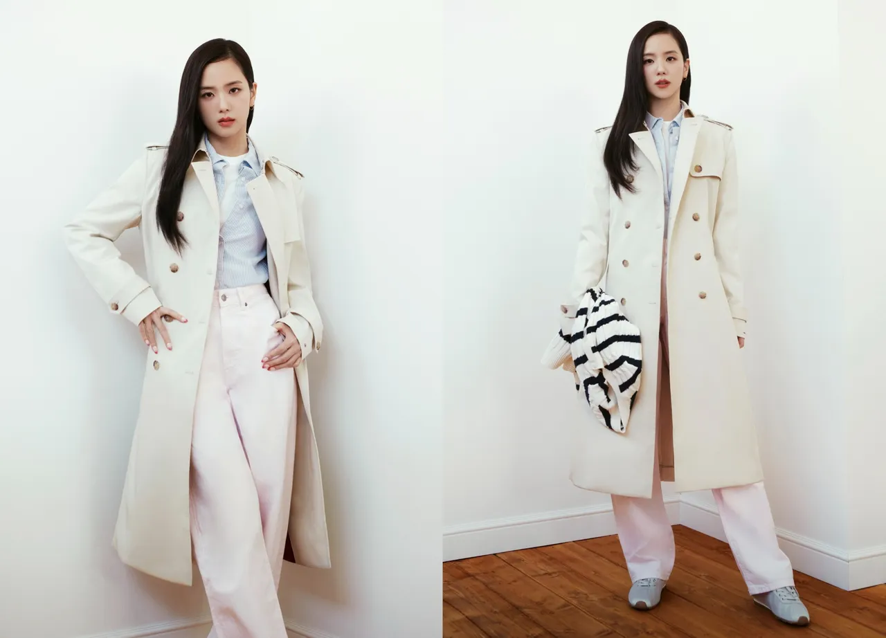 Jisoo以寬版換季風衣示範美式經典與春日清新的完美融合。品牌提供