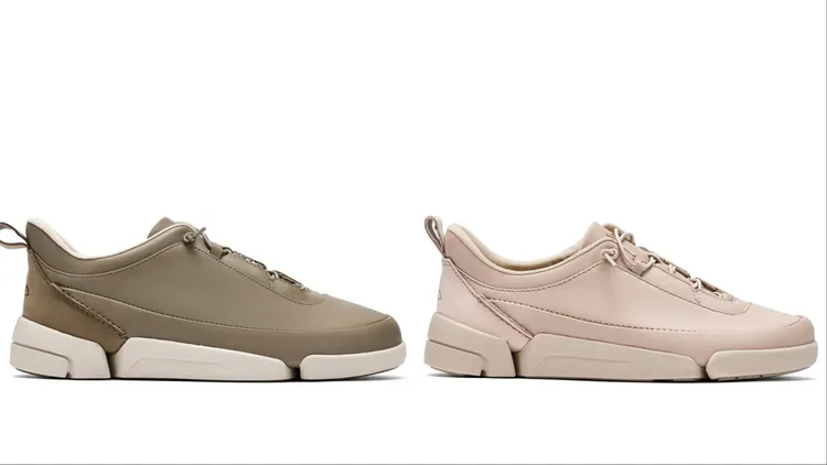 Clarks男款三瓣鞋2.0真皮輕盈鬆緊鞋帶休閒鞋（左）7580元、女款三瓣鞋2.0真皮輕盈鬆緊鞋帶休閒鞋（右）6580元。品牌提供