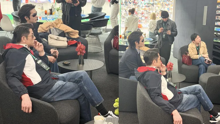 郭富城放鬆地觀賽，一旁的于適顯得正襟危坐。翻攝高小興小紅書